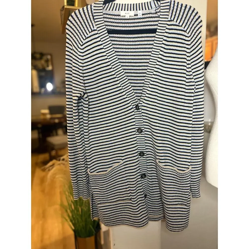 A.L.C Caspian striped Button Front cotton-blend cardigan sweater M 6-12 MSRP$398 - Picture 2 of 5